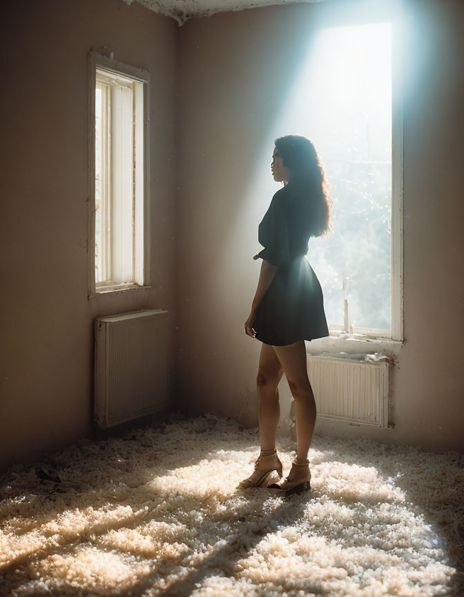 Silhouetted woman in dusty room with streaming sunlight