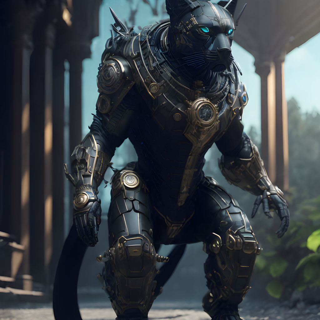 Robotic black panther with glowing blue eyes in temple setting