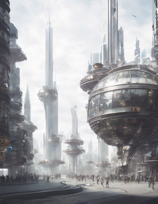 Futuristic cityscape with skyscrapers, spherical structure, and pedestrians.