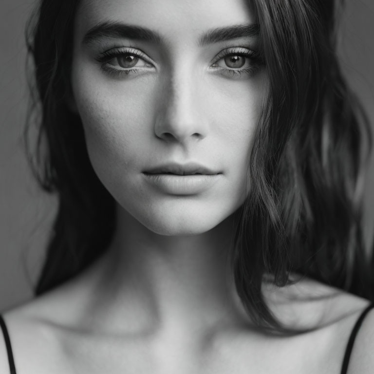 Monochrome portrait of young woman with wavy hair and striking eyes