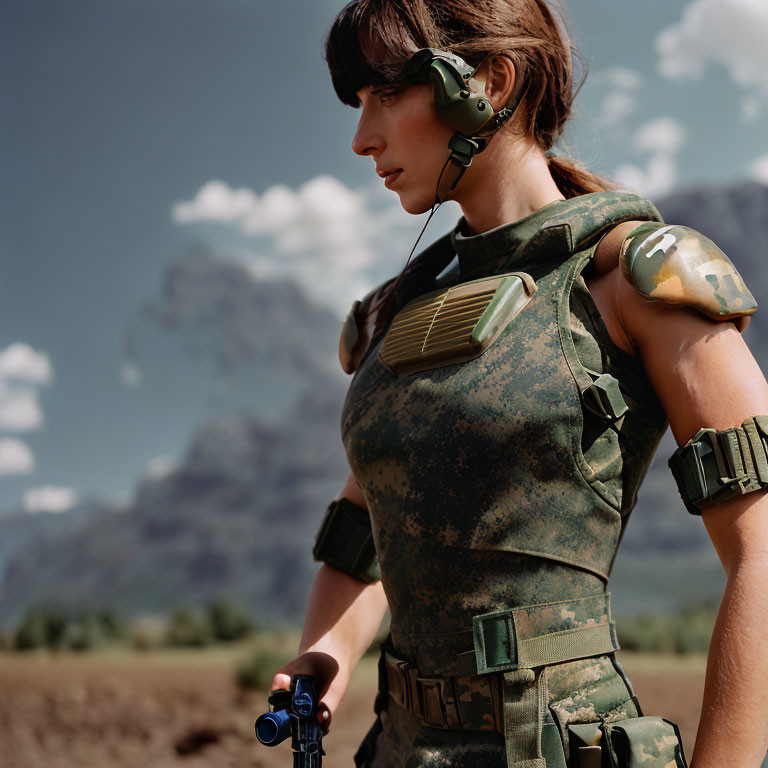 Female soldier in camouflage with headset and firearm outdoors.