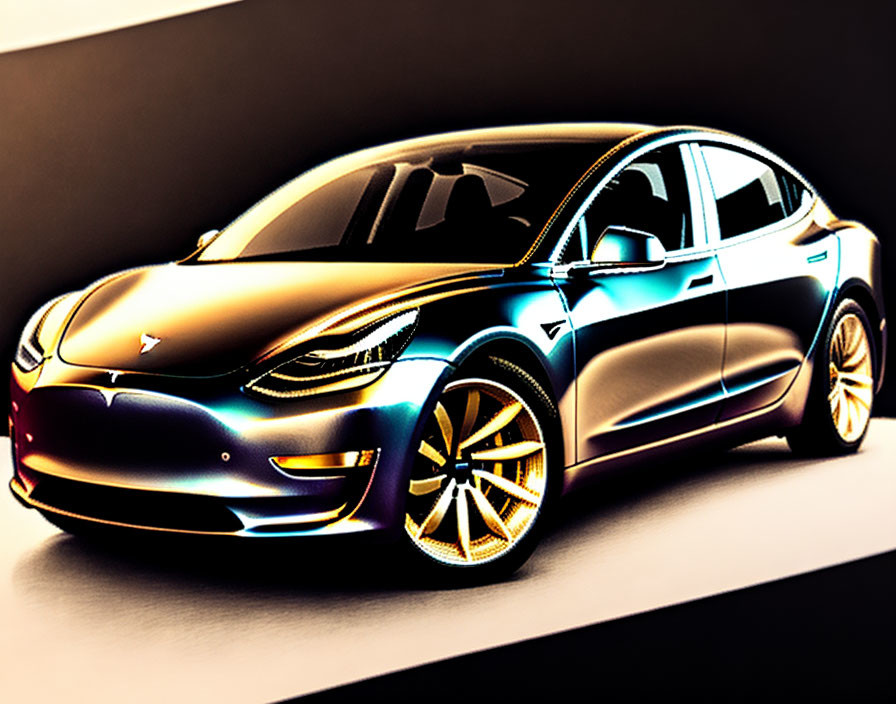 Colorful Stylized Tesla Car Artwork in Golden Tones