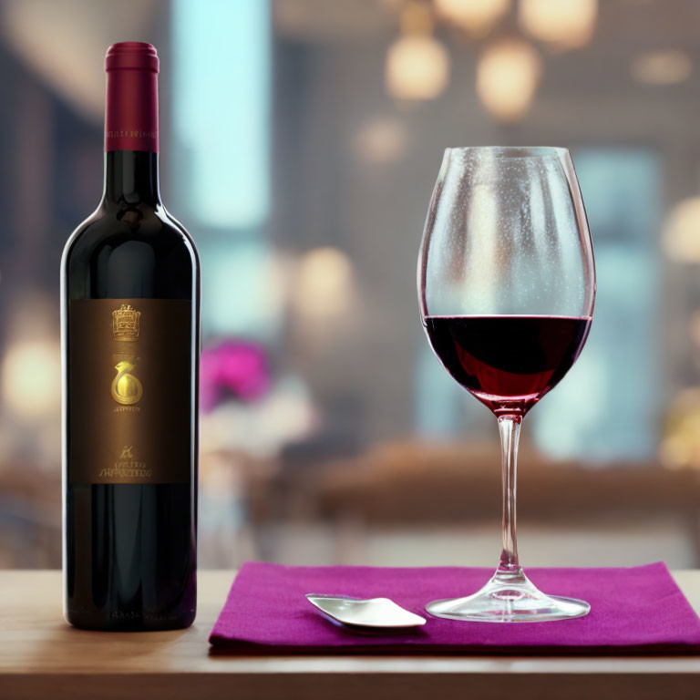 Red Wine Bottle and Glass on Table with Purple Napkin and Spoon