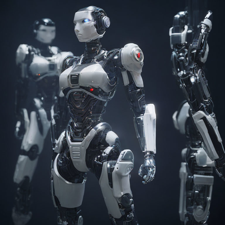 Intricate white and black humanoid robot with glowing red lights and mechanical joints, surrounded by dark figures