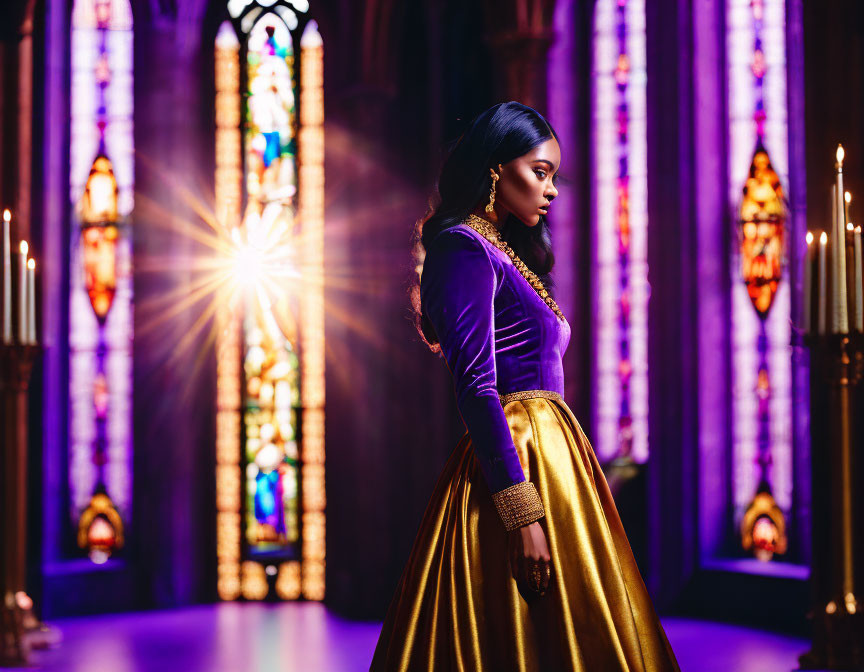 Woman in Purple Top and Gold Skirt Poses in Church Setting