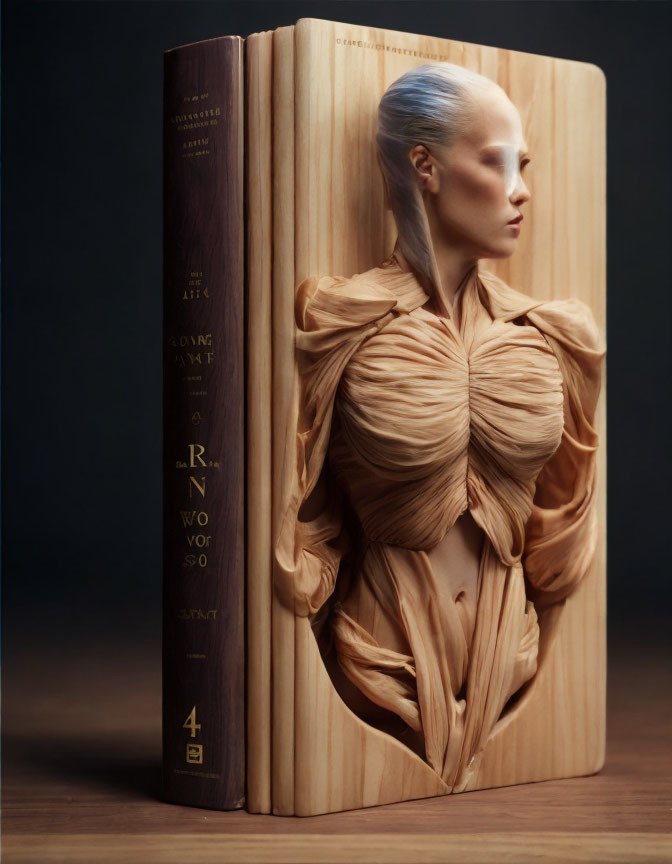 Woman's body merges into large bookshelf, forming spine of giant book