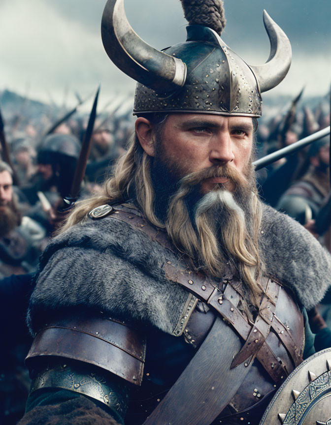 Bearded man in Viking helmet leads army with determination