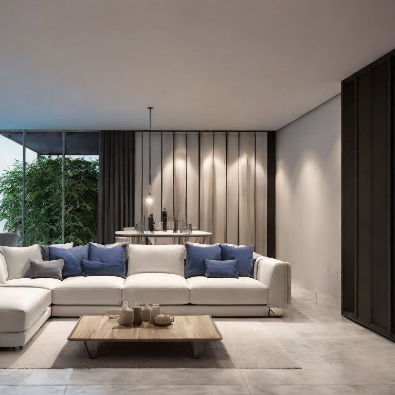 Spacious modern living room with white sectional sofa & wooden coffee table