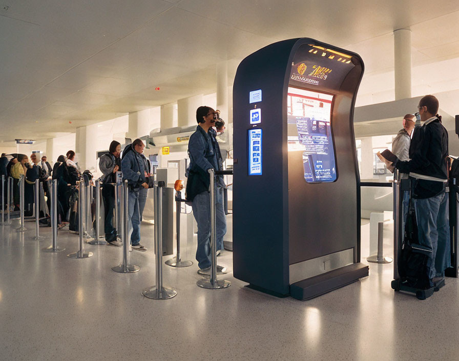 Passengers at modern airport electronic check-in kiosks.