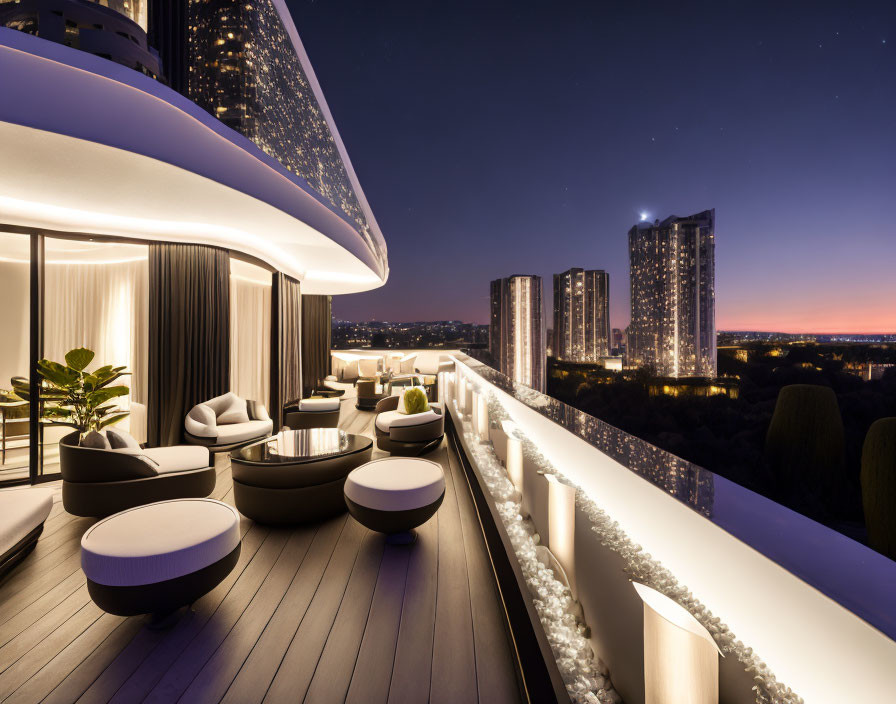 Modern balcony with luxurious twilight cityscape view