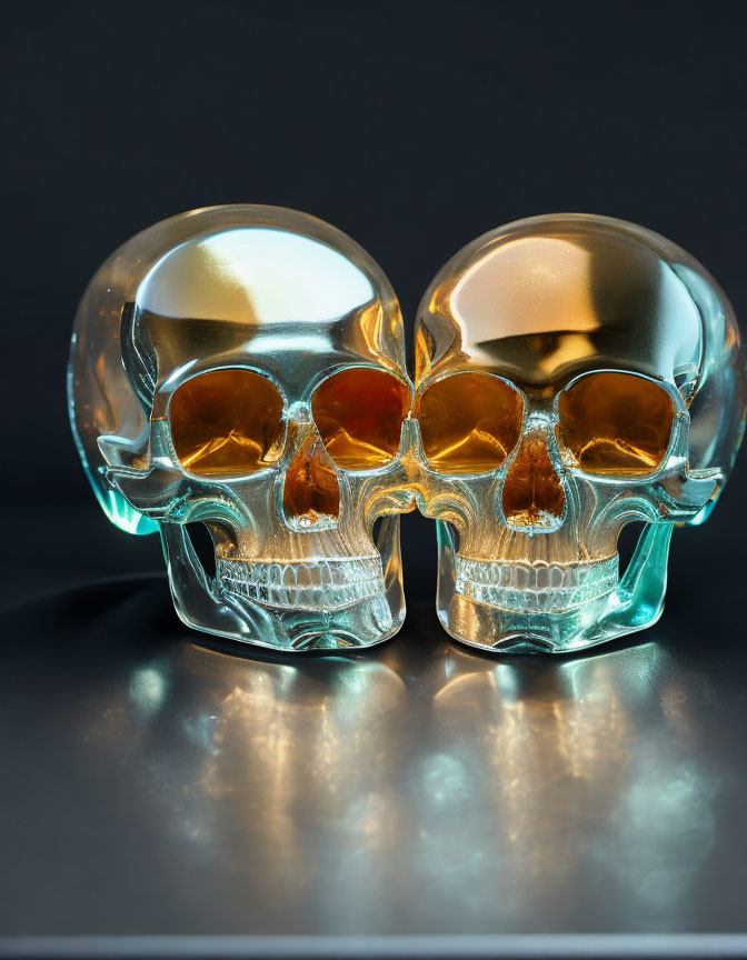 Transparent Glass Skulls with Golden Areas on Dark Reflective Background