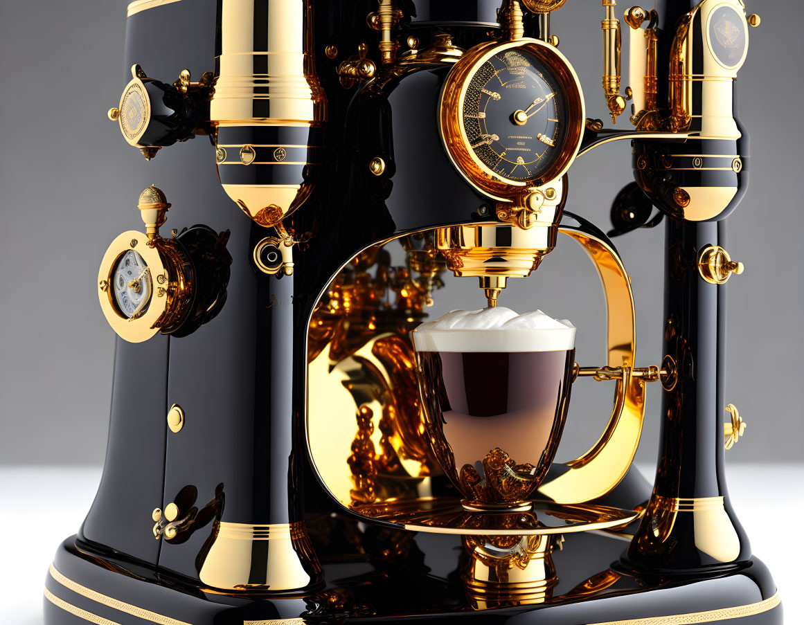 Steampunk-inspired espresso machine with brass accents and clocks dispensing coffee