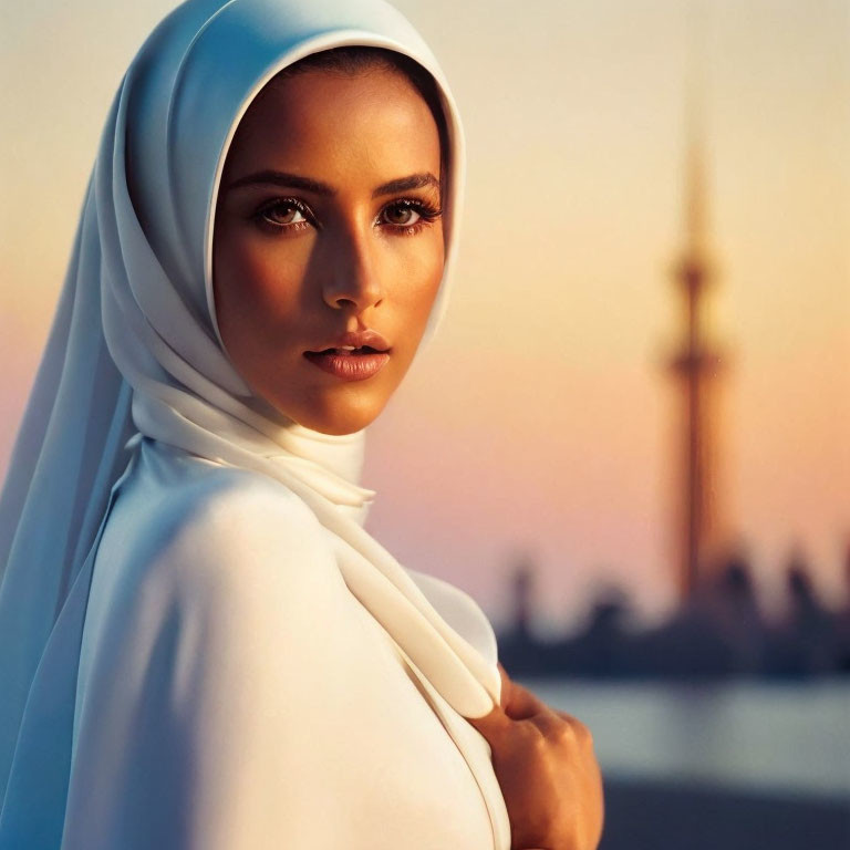 Serene woman in white hijab against city sunset silhouette