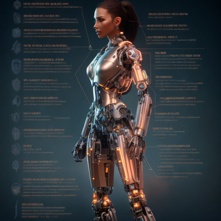 Female android with human-like face and intricate mechanical body on blue background with schematics