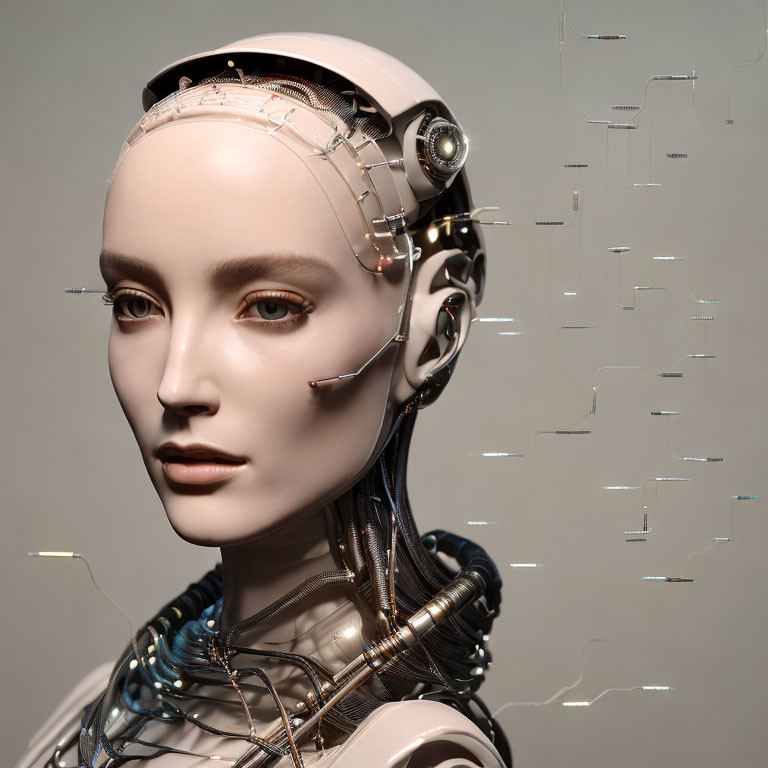 Detailed humanoid robot with exposed mechanical head and neck on neutral background