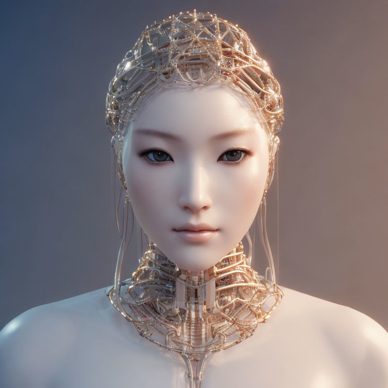 Futuristic female android with wire-framed head design