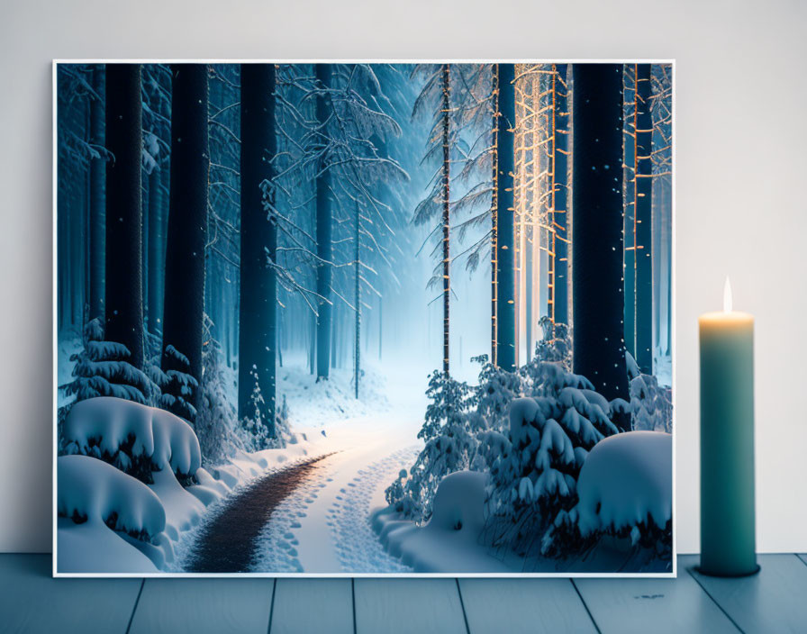 Snowy forest path with tall trees in warm glow beside burning candle.