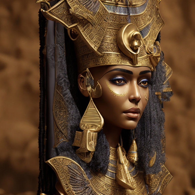 Digital art portrait of a woman with ancient Egyptian headdress and jewelry.