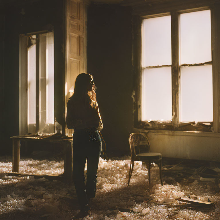 Sunlit, dilapidated room with debris and empty chair.