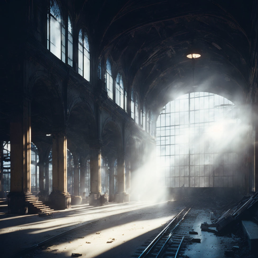 Abandoned train station with arched ceilings and sunlight streaming in