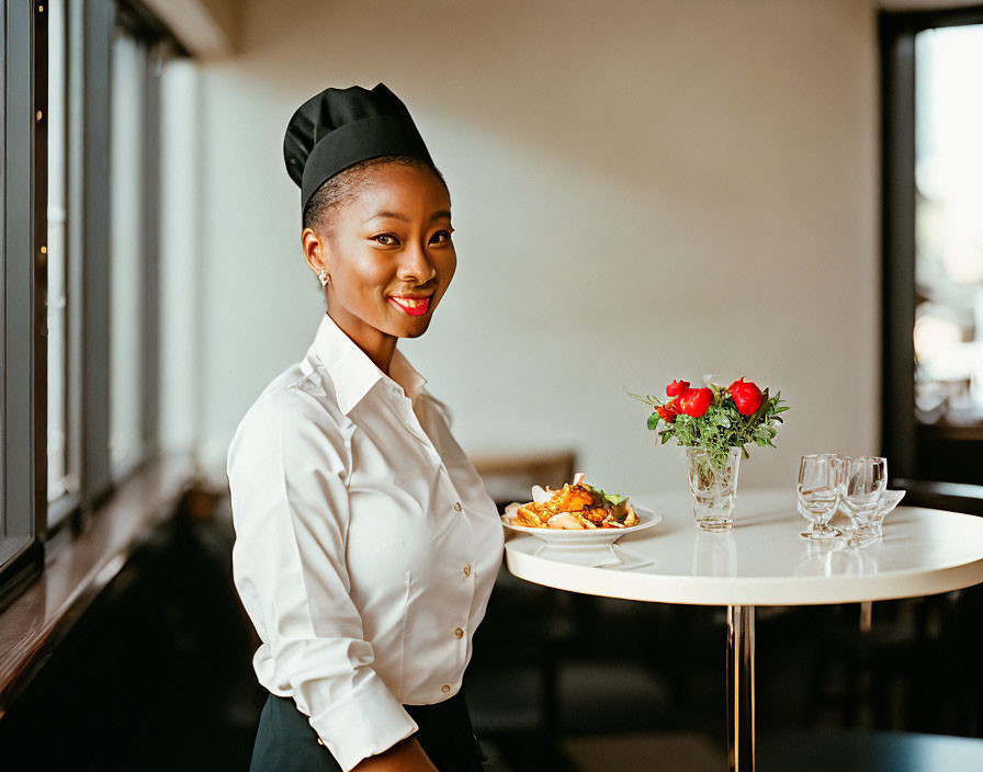 Waitress in white shirt and chef hat serving dish at table with red flowers