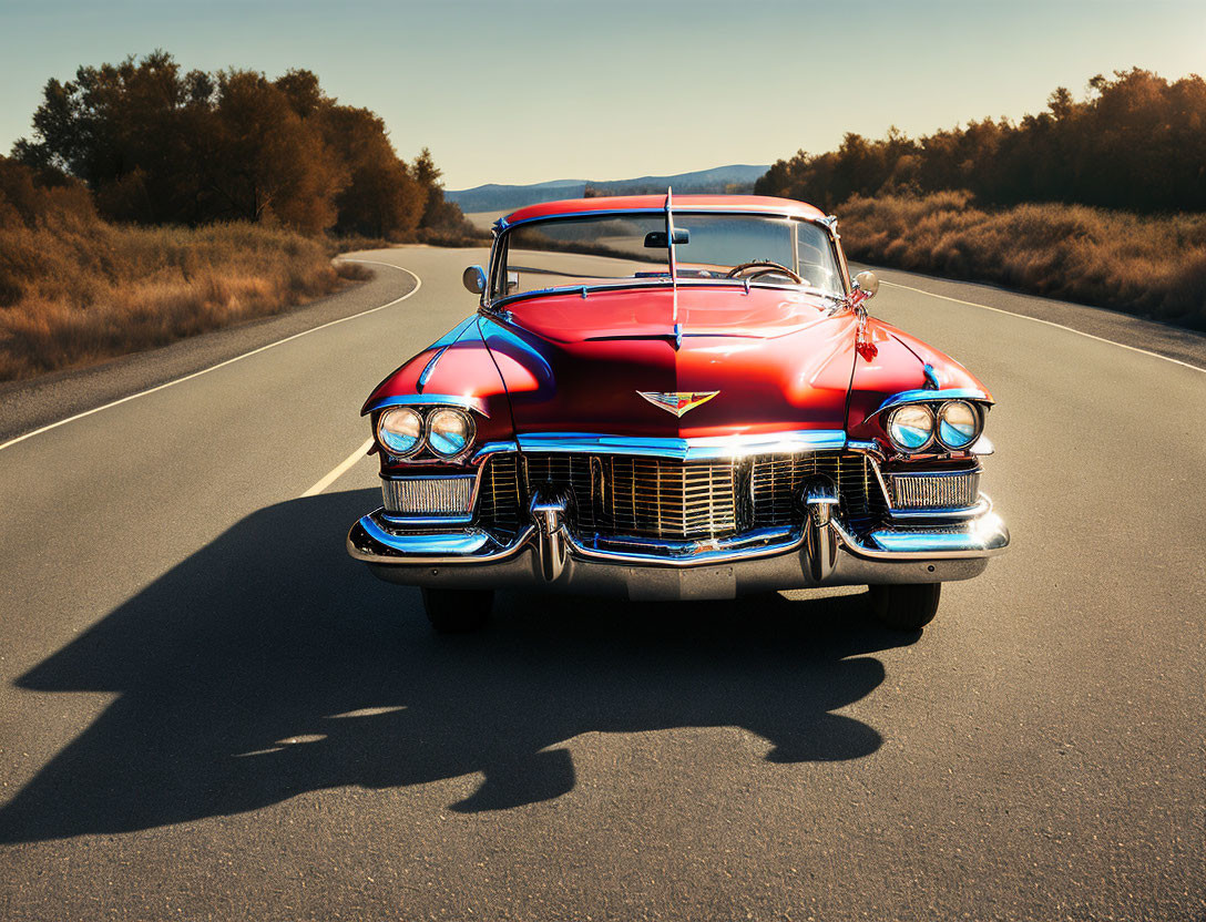 Classic Red Car Parked on Empty Road at Sunset