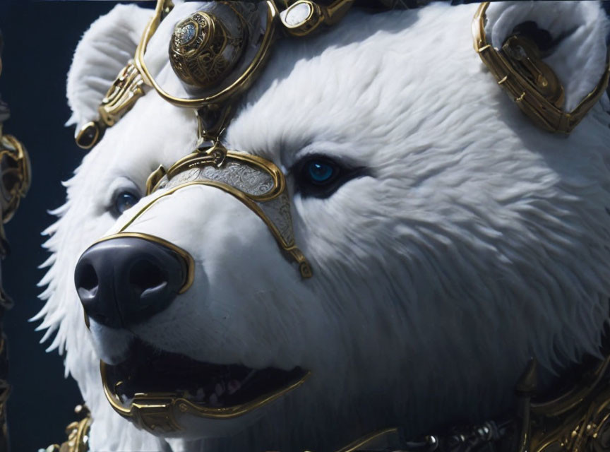 Realistic white polar bear in golden armor with intricate designs and blue eyes