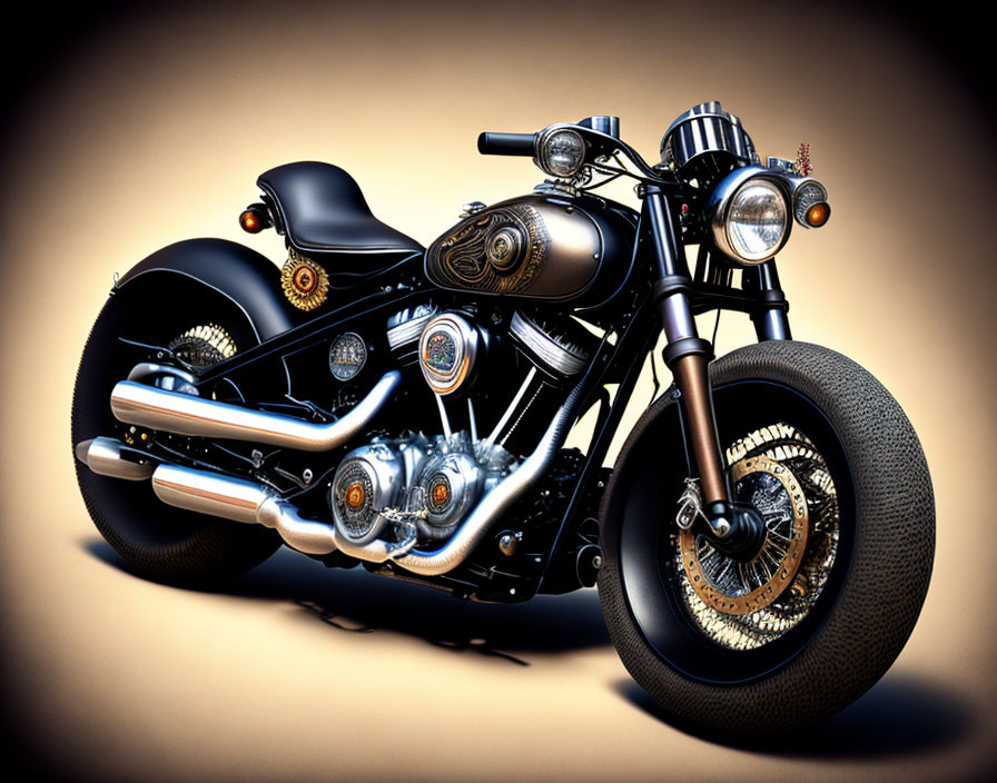 Vintage Black Motorcycle with Chrome Details on Tan Background