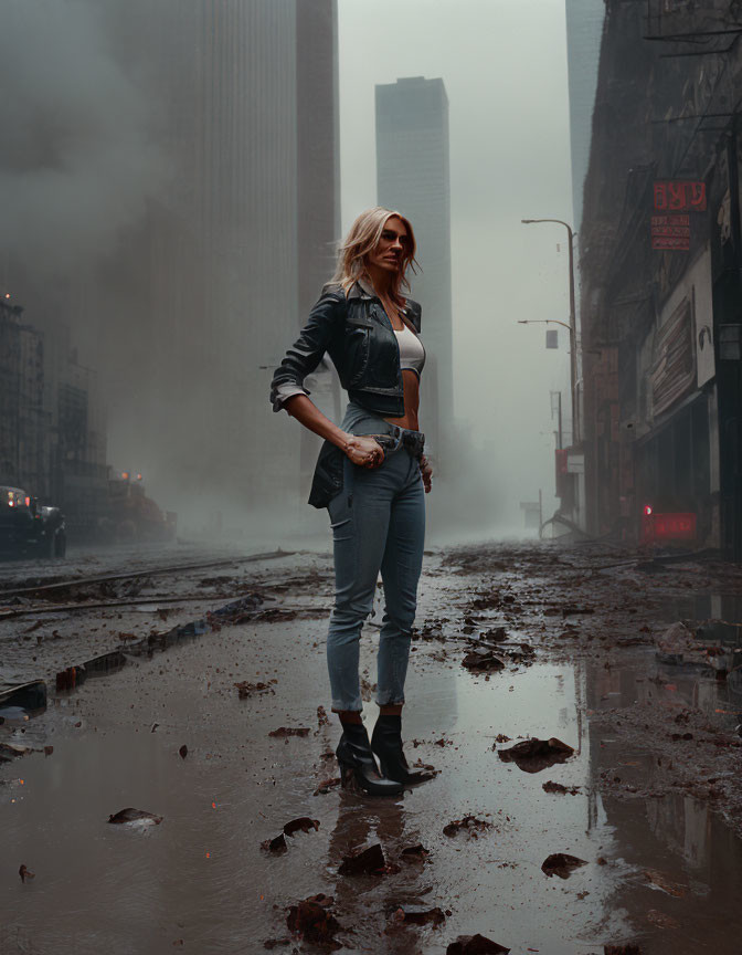 Woman in black leather jacket on misty urban street.