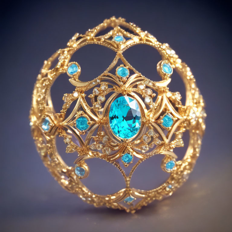 Golden Egg with Intricate Filigree and Blue Gemstones