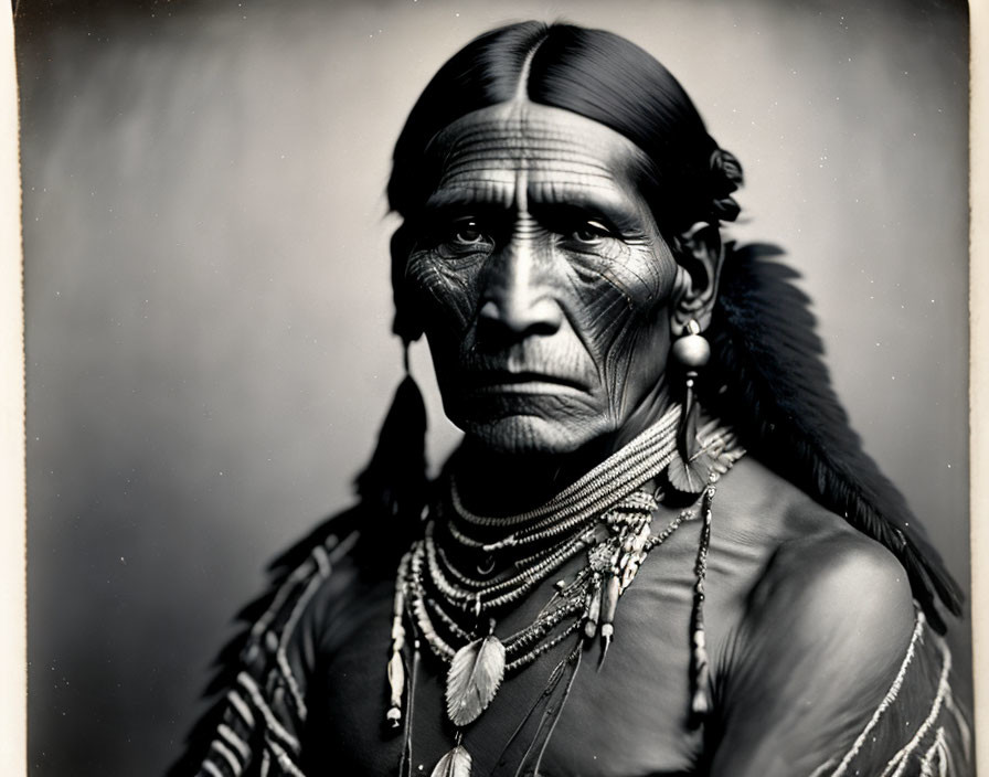 Monochrome portrait of Native American woman in traditional attire