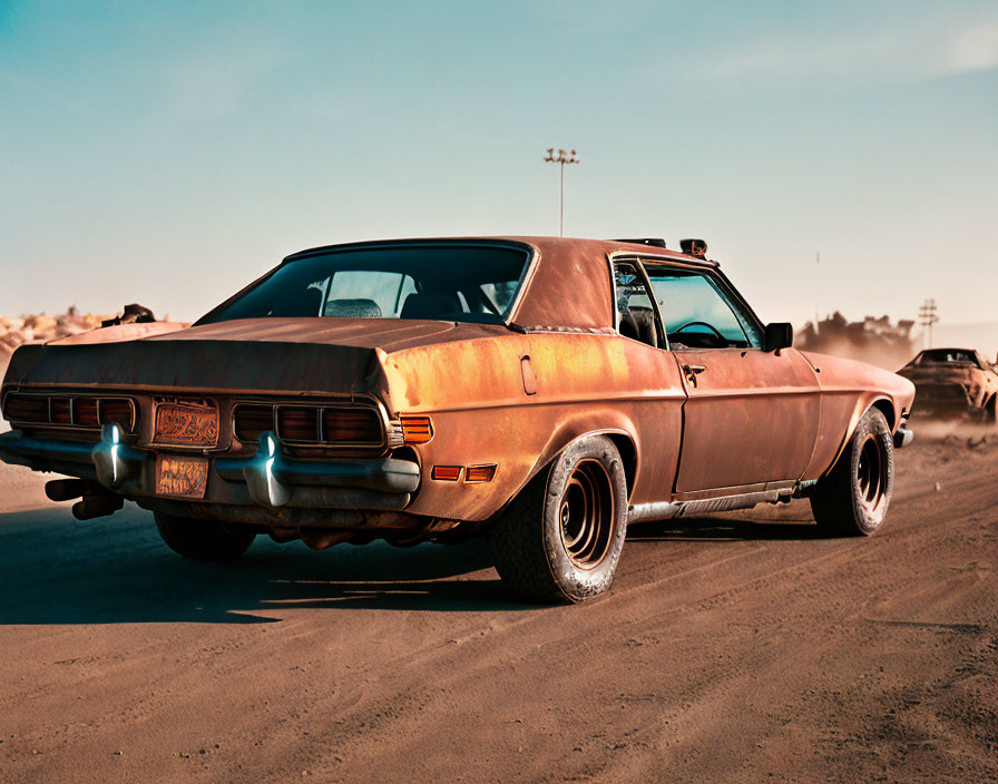 Vintage Muscle Car Parked on Dusty Road with Clear Sky Background