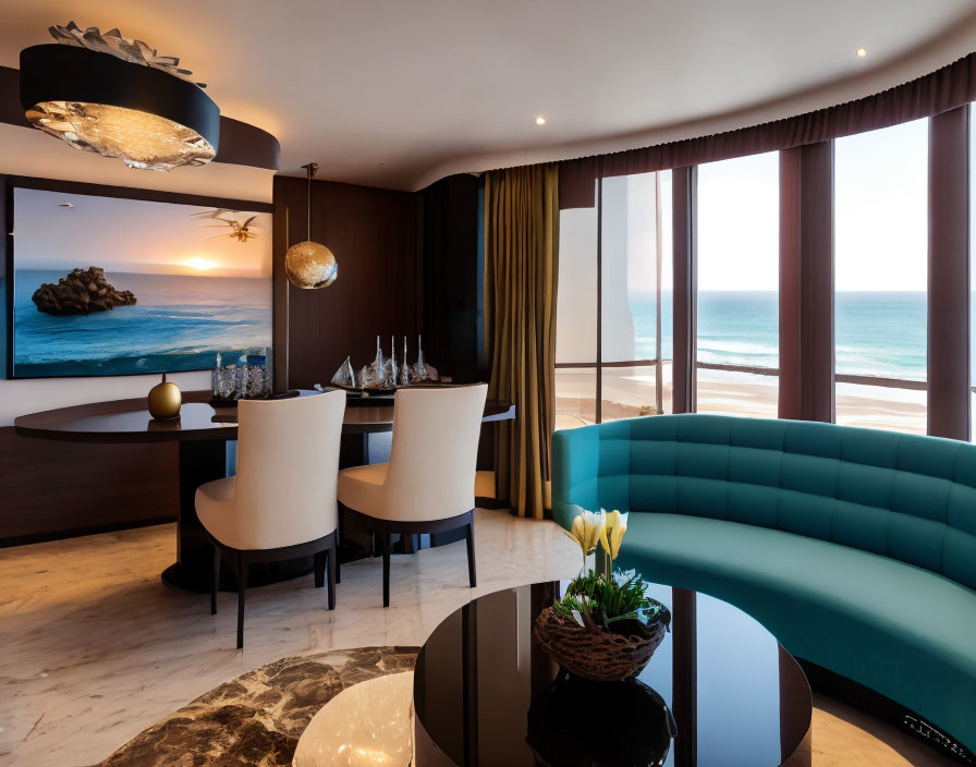 Modern beachfront living space with turquoise sofa, dining area, elegant light fixtures, and sunset ocean view