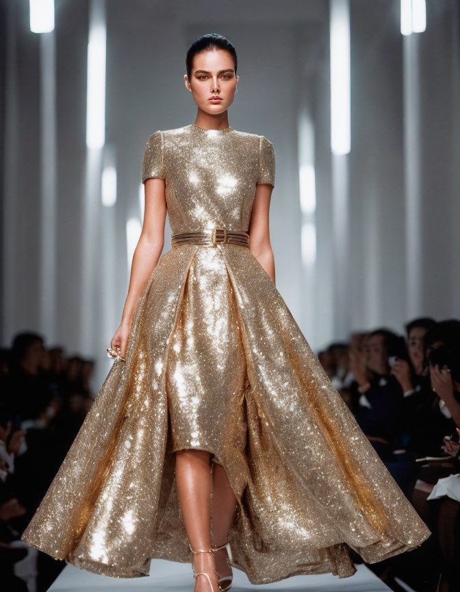 Fashion model in gold high-low dress on runway with vertical lights and audience