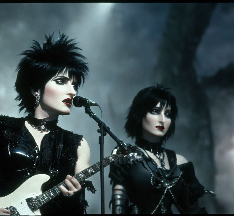 Two individuals in gothic attire with black spiky hair and a guitar in a foggy setting