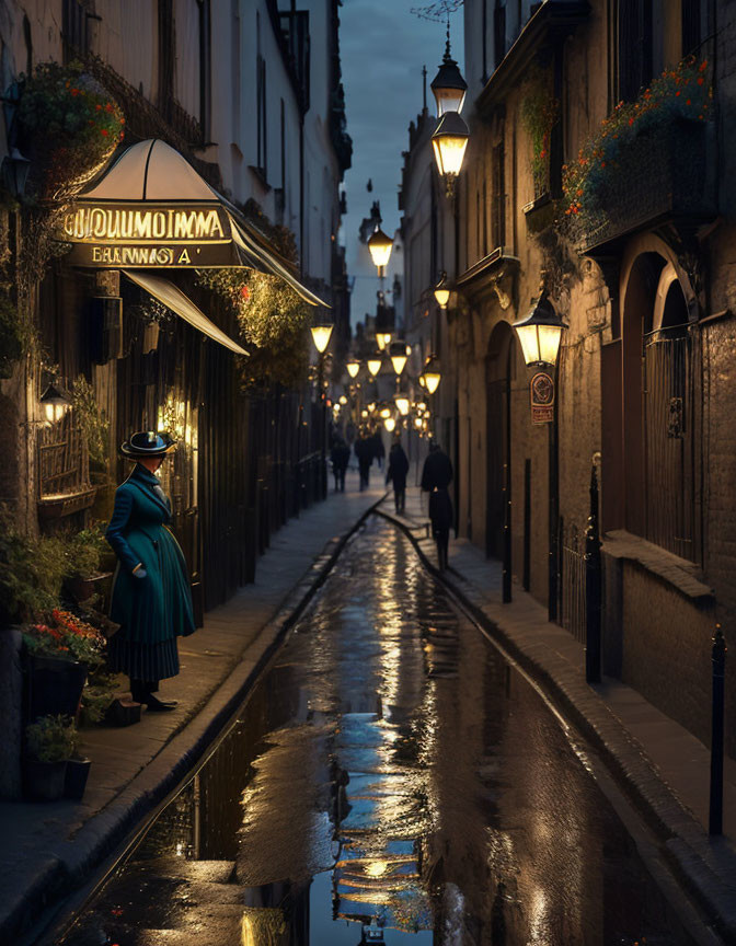 Twilight scene: vintage-dressed person on narrow street with glowing lamps, wet cobblestones,