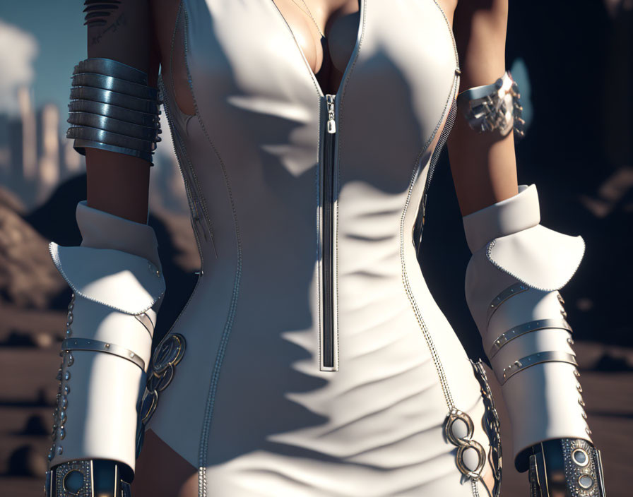 Close-up of female figure in white outfit with metal arm cuffs against rocky landscape