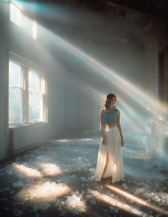 Woman in dilapidated room with sunlight beams and scattered debris.