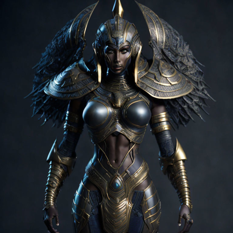 Female warrior figure in ornate bronze armor with winged helmet.