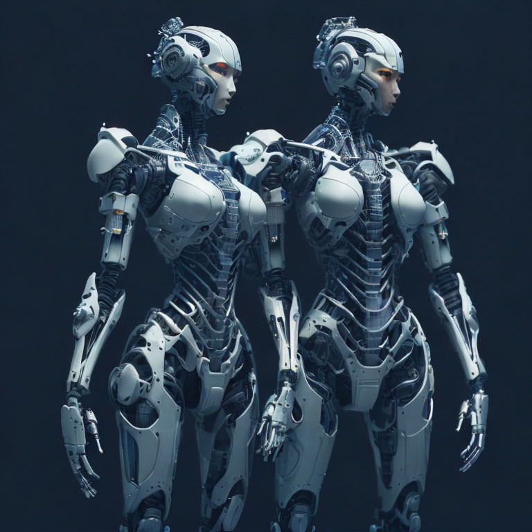 Two intricate humanoid robots with advanced technology designs on dark background