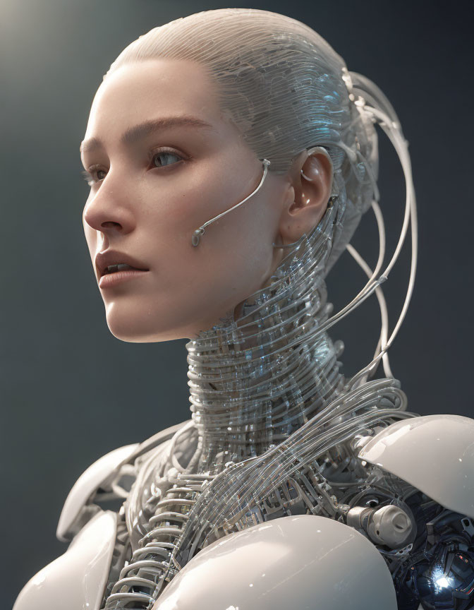 Detailed Hyperrealistic Female Android Portrait with Mechanical Neck and Shoulders