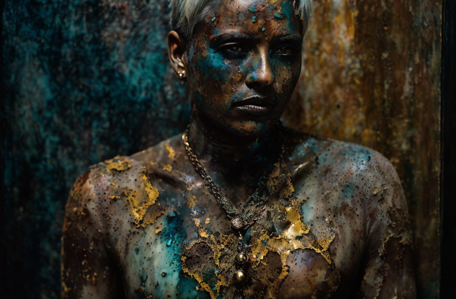 Person with gold and blue paint on skin against textured blue-green background