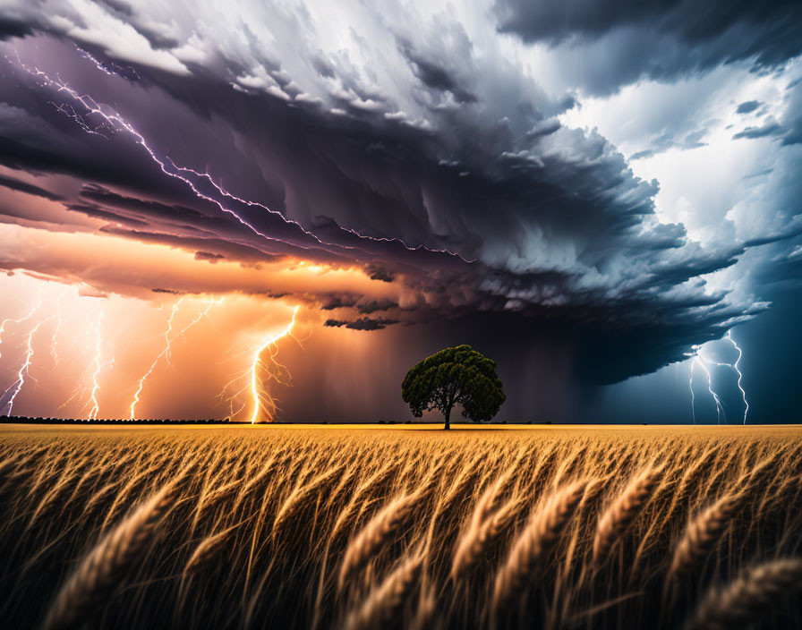 Solitary tree in wheat field under stormy sky with lightning bolts