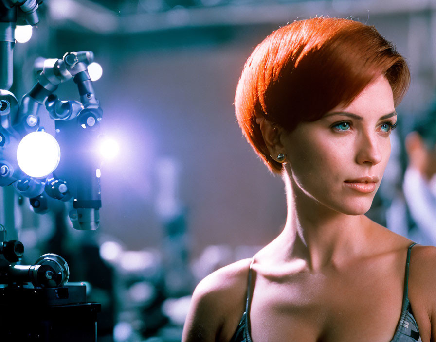 Red-Haired Woman Glancing Under Bright Light with Machinery Background