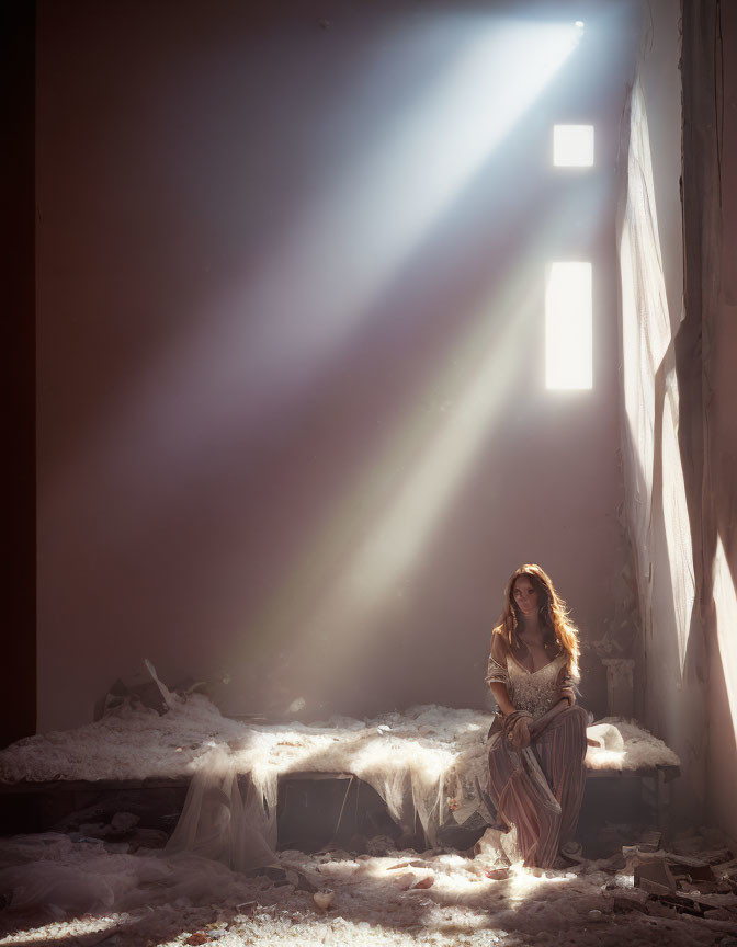 Woman sitting in dusty room with light beams and cobwebs.