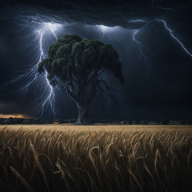 Solitary tree in wheat field under stormy sky with lightning