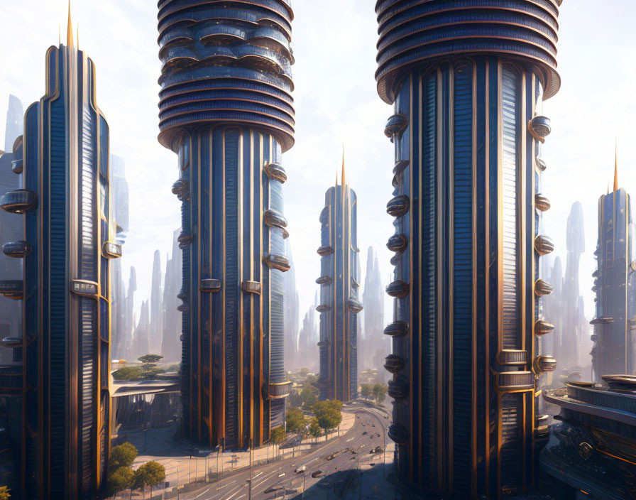 Futuristic cityscape with towering skyscrapers and wide roads