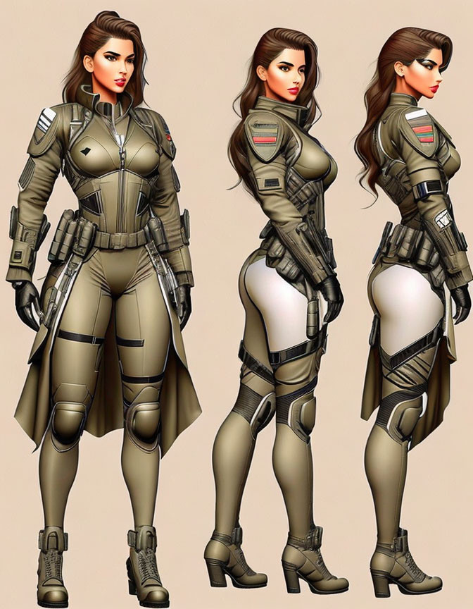 Stylized female character in futuristic military uniform poses