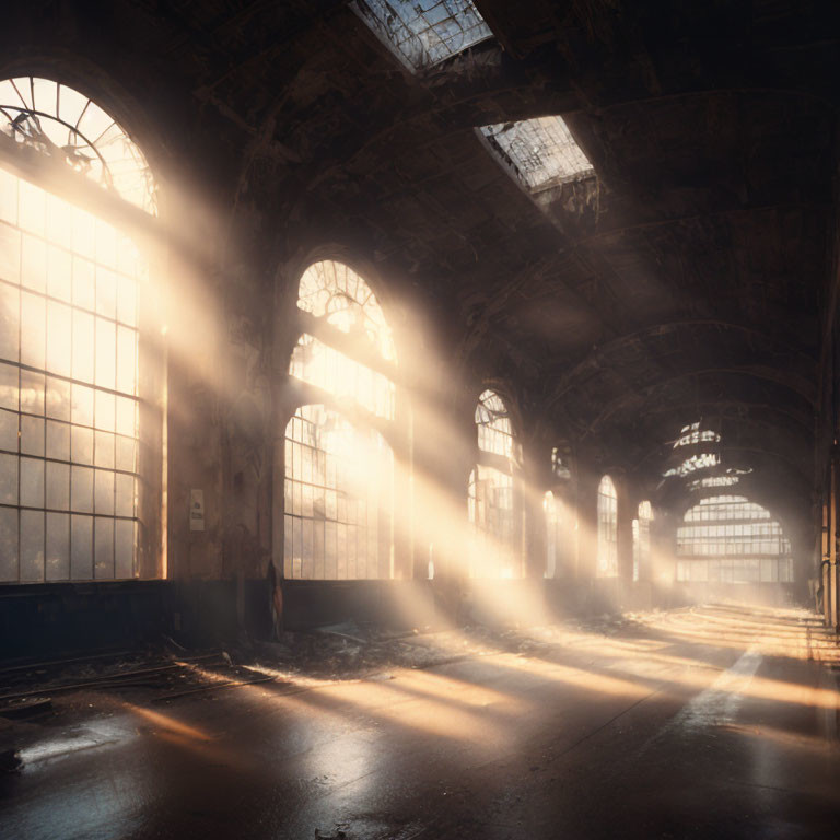 Abandoned industrial hall with large arched windows and decayed interior