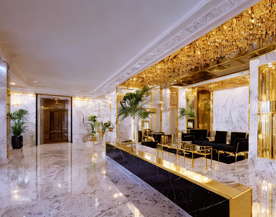 Luxurious Hotel Lobby with Marble Floors and Gold Accents